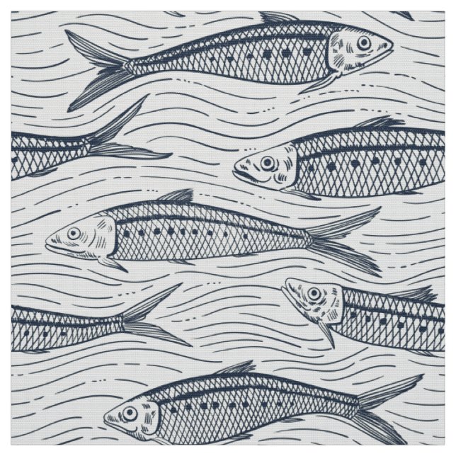 Tecido Sardinhas em Movimento em azul marinho e marfim (Modelo)
