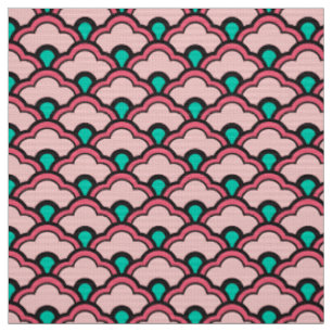Tecido Scallops chineses de Deco, rosa coral e turquesa
