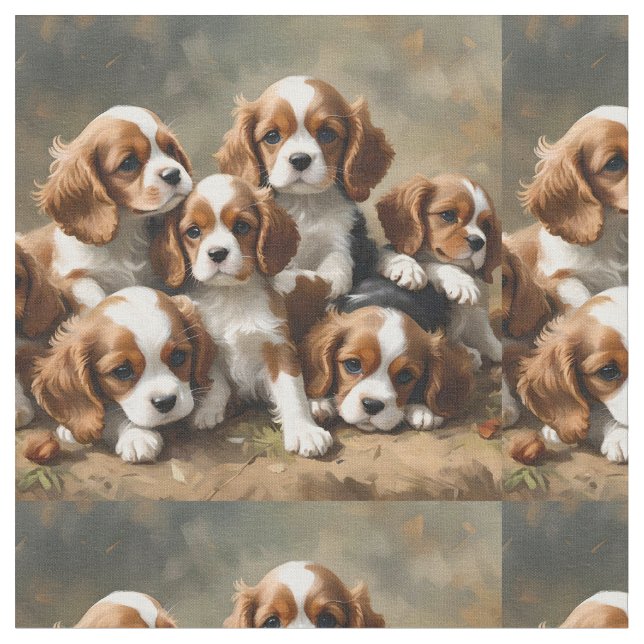 Tecido Seis Cavalier Spaniel Puppies, (Detalhe)