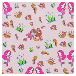 Tecido Sereias-mave cor-de-rosa com cavalos-marinhos e co