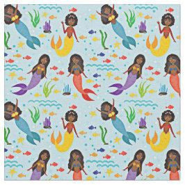 Tecido Sereias submarinas coloridas e peixes em azul