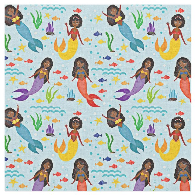 Tecido Sereias submarinas coloridas e peixes em azul (Detalhe)