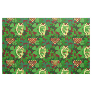 Tecido Shamrock irlandês, harpa irlandesa, coração cel
