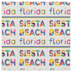 Tecido Siesta Beach, Flórida. Padrão de texto colorido