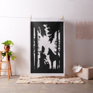 Tecido Silhueta Preta no Lobo Vermelho Branco de Cabelo A