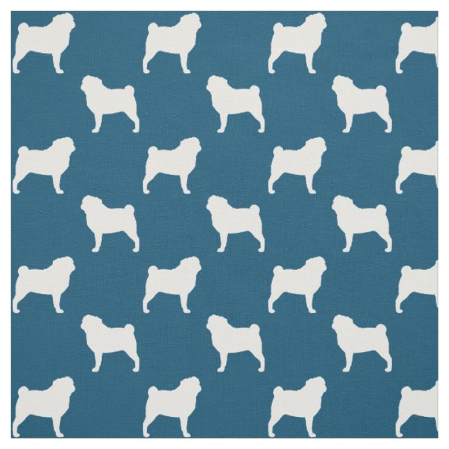 Tecido Silhuetas da Raça Pug em Padrão Azul e Branco (Modelo)