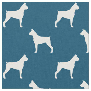 Tecido Silhuetas de Cachorro Boxer Padrão Azul e Branco
