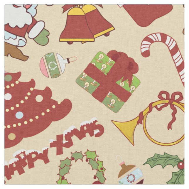 Tecido Sinos de Natal, árvore e Papai Noel (Detalhe)