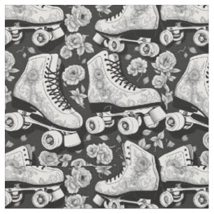 Tecido Skates, rosas, preto e branco de rolo clássico