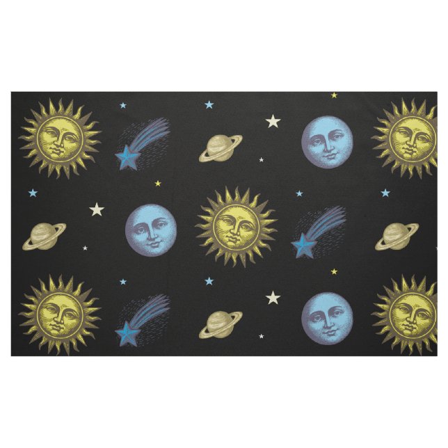 Tecido Sol Lua Estrelas Estilo Xilogravura Retro Arte Cel (Fat Quarter)