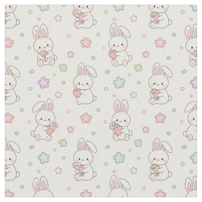 Tecido Sonhos Mais Doces: Kawaii Bunny e Morango (Detalhe)