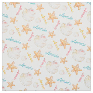 Tecido Starfish e conchas de moluscos azul-rosa