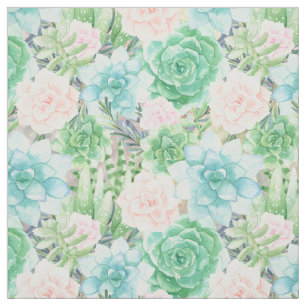 Tecido Sucultivos de Aquarela Aqua, Coral, Mint Green