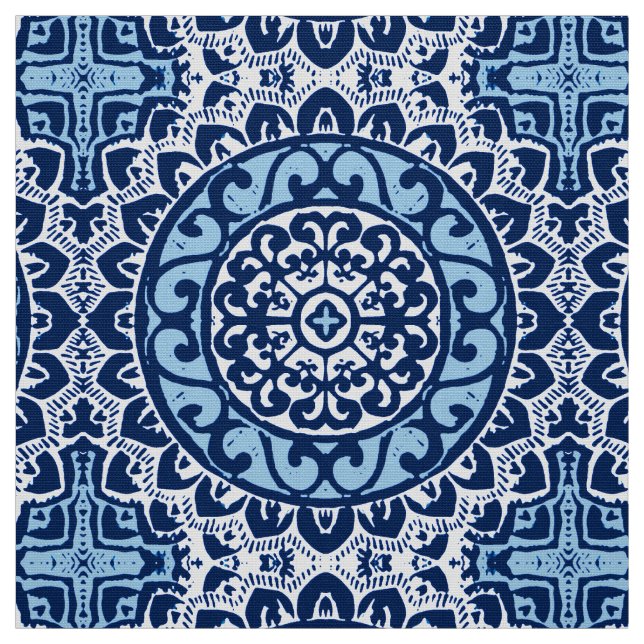 Tecido Sudoeste do Sol Mandala Batik, Marinho Azul e Bran (Modelo)