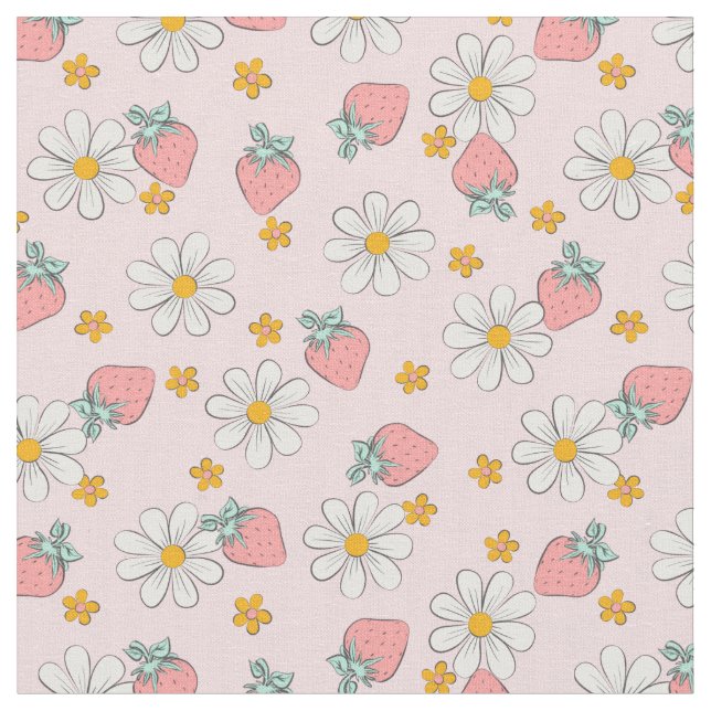Tecido Summer Strawberry Daisy Floral  (Detalhe)