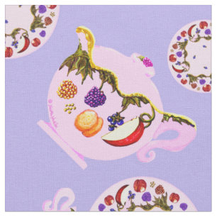 Tecido Tea Time Teacup Plate Copper Kettle