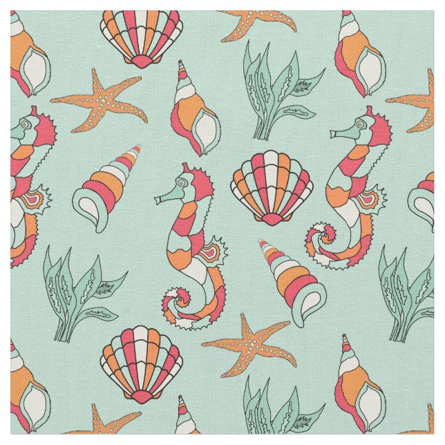 Tecido Teal de Patterno de Seacavalo e Seashell (Detalhe)