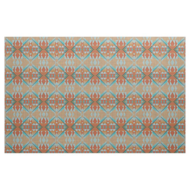 Tecido Teal Turquoise Azul Verde Laranja Aspecto Étnico (Fat Quarter)
