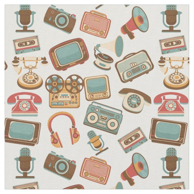 Tecido Telefones antigos, TVs, gravadores, filmes (Detalhe)