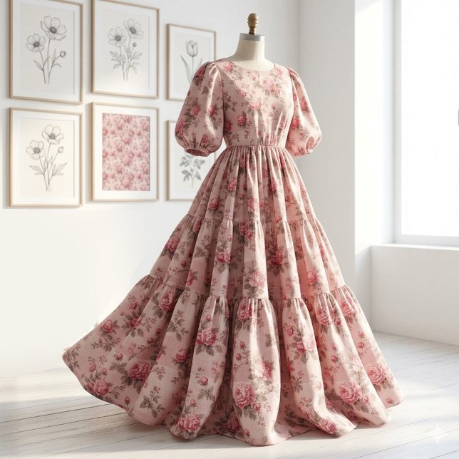 Tecido Tema Rosa Floral Rococó Toile de Jouy Francesa (French Toile de Jouy Pink Floral Rococo Rose Theme Fabric)