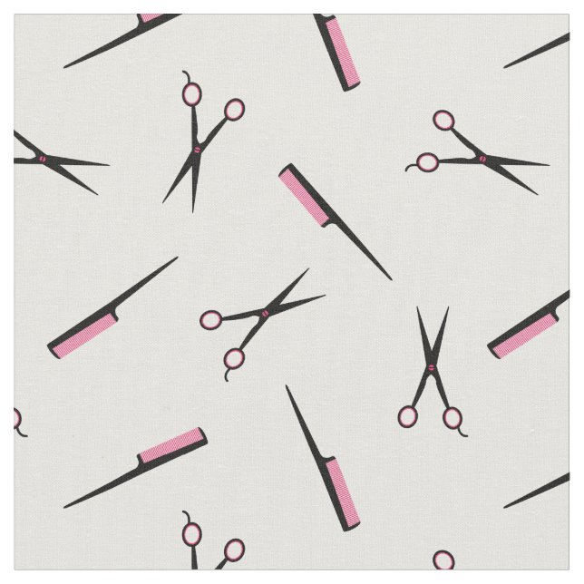 Tecido Tesouras e Combs - Preto-Rosa-Quente (Detalhe)