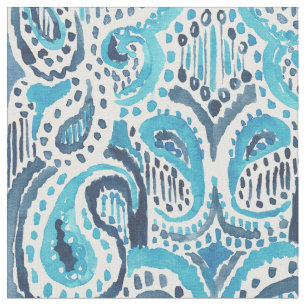 Tecido Teste padrão azul da aguarela de PAISLEY Ikat do