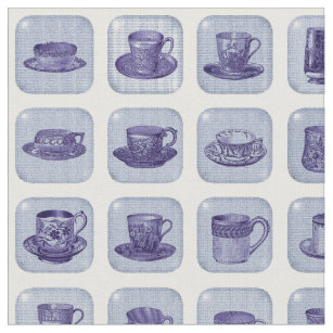 Tecido Teste padrão azul do Teacup de China do vintage
