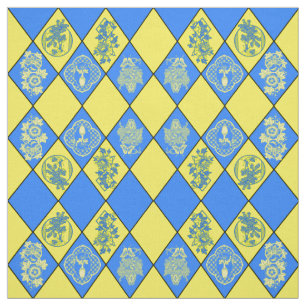 Tecido Teste padrão azul e amarelo do Chinoiserie do