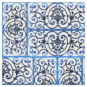 Tecido Teste padrão azul e branco do scrollwork
