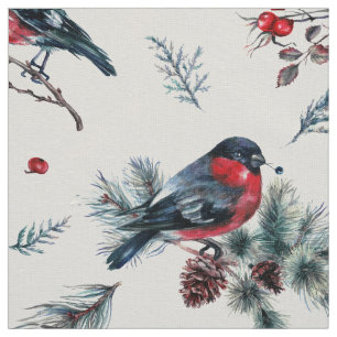 Tecido Teste padrão do bullfinch & do azevinho do Natal