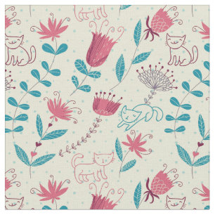 Tecido Teste padrão floral com gatos dos desenhos