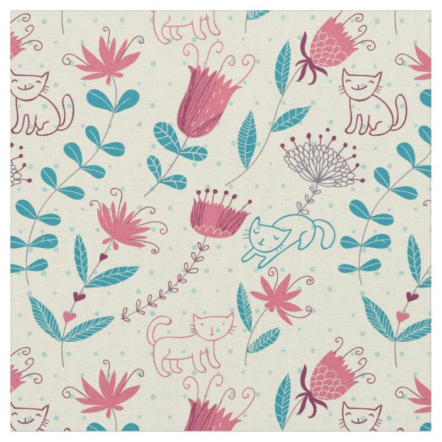 Tecido Teste padrão floral com gatos dos desenhos (Detalhe)