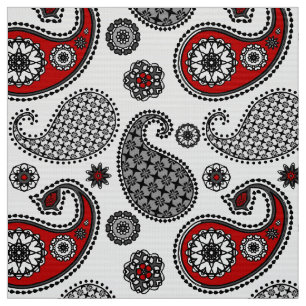 Tecido Teste padrão, preto, branco e vermelho de Paisley