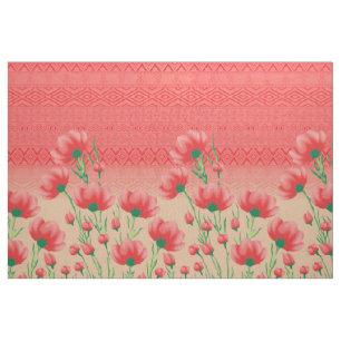 Tecido Têxtil Floral Vermelho Impressão de Poppy Geomét
