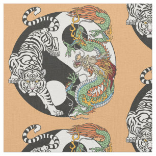 Tecido Tigre branco versus dragão verde no yin yang