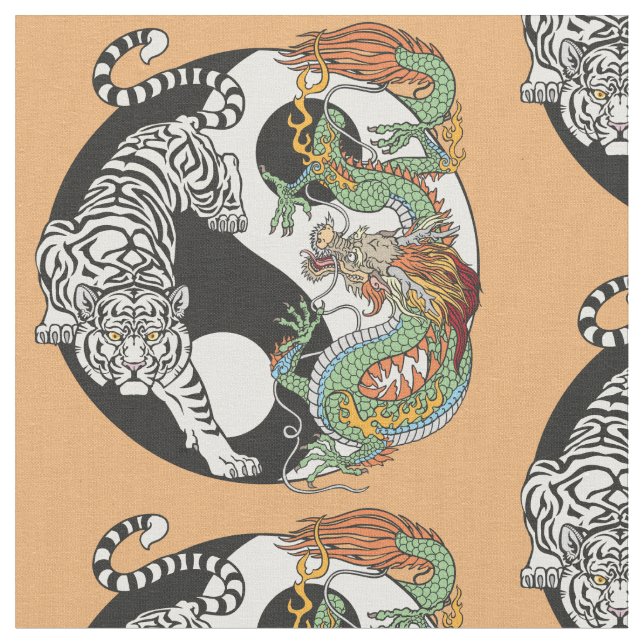 Tecido Tigre branco versus dragão verde no yin yang (Detalhe)