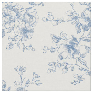 Tecido Toile Buquê Floral Azul Creme Botânico Vintage