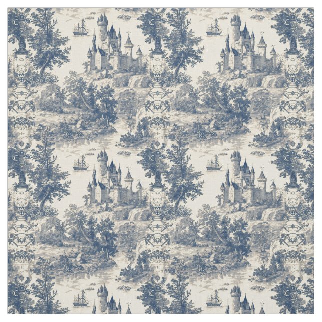 Tecido Toile de Jouy Blue Castle sobre a Idade da Marfim (Modelo)