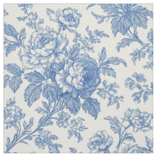 Tecido Toile de Jouy Floral Azul e Creme