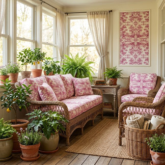 Tecido Toile Francês Rosa Árvores de Carvalho Pastoral De