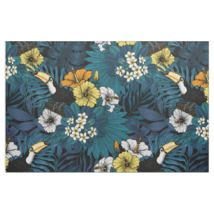 Tecido Toques e flora tropical, azul, amarelo, laranja