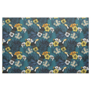 Tecido Toques e flora tropical, azul, amarelo, laranja