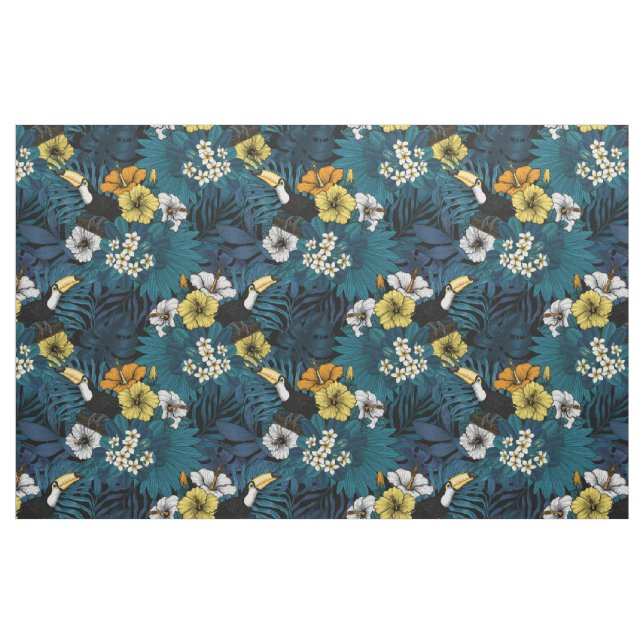 Tecido Toques e flora tropical, azul, amarelo, laranja (Fat Quarter)