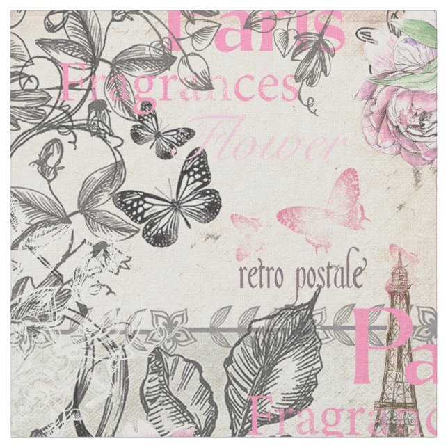 Tecido Torre Eiffel floral de Paris do rosa do preto do (Detalhe)