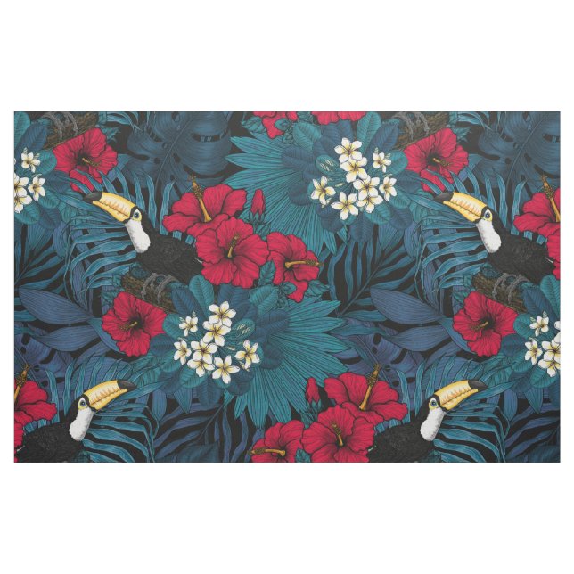 Tecido Toucans e flora tropical, verdes e vermelhas (Fat Quarter)