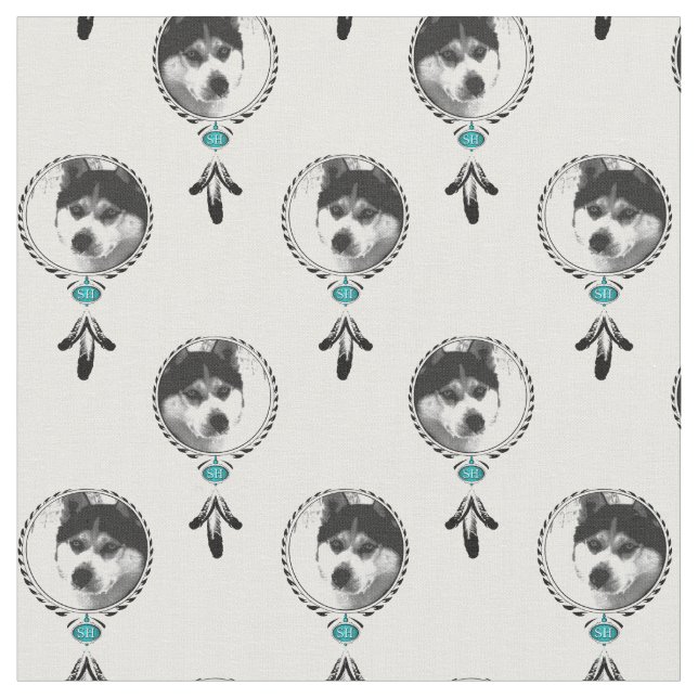 Tecido Traumfänger Husky Medaillon mit Adlerfedern (Detalhe)