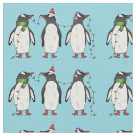 Tecido Três Pinguins Festivos De Natal Em Azul Claro