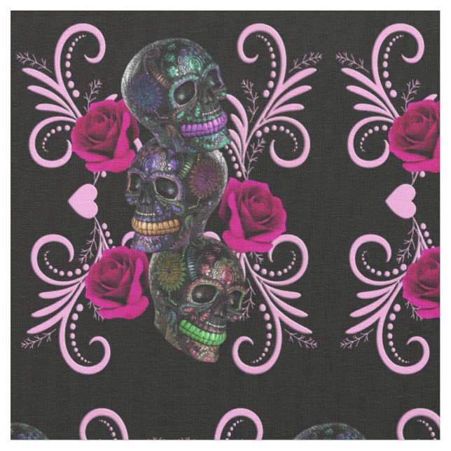 Tecido Triplo Dia Negro Dos Cascos Mortos Rosas Rosa (Detalhe)