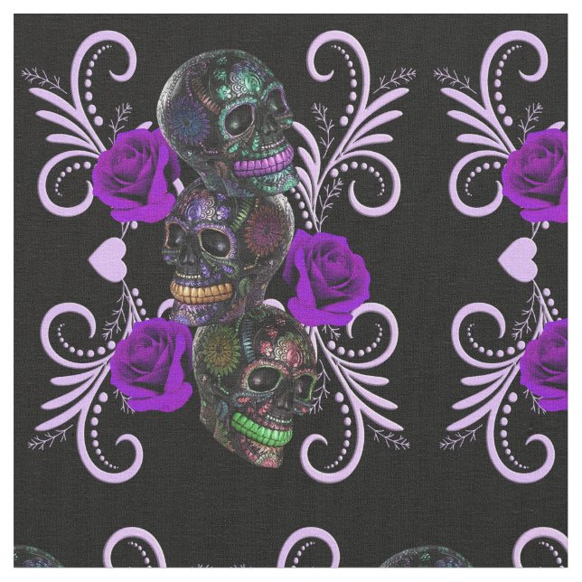 Tecido Triplo Dia Negro Dos Cascos Mortos Rosas Roxos (Detalhe)