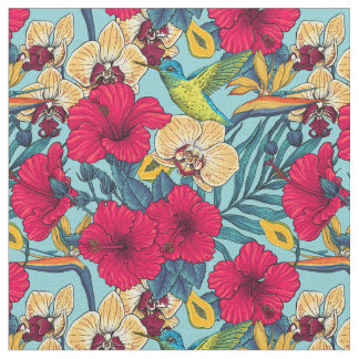 Tecido Tropical Florals and Hummingbird - Summer Botanica